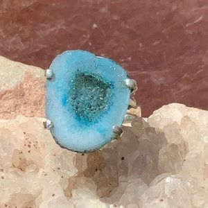 MEDITERRANEAN BLUE DRUZY AGATE GEODE 925 STERLING SILVER RING, SIZE 7